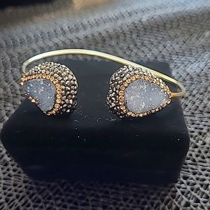 Genuine double Druzy Quartz Cuff style Bracelet Swarovski Crystal's 925/YG
